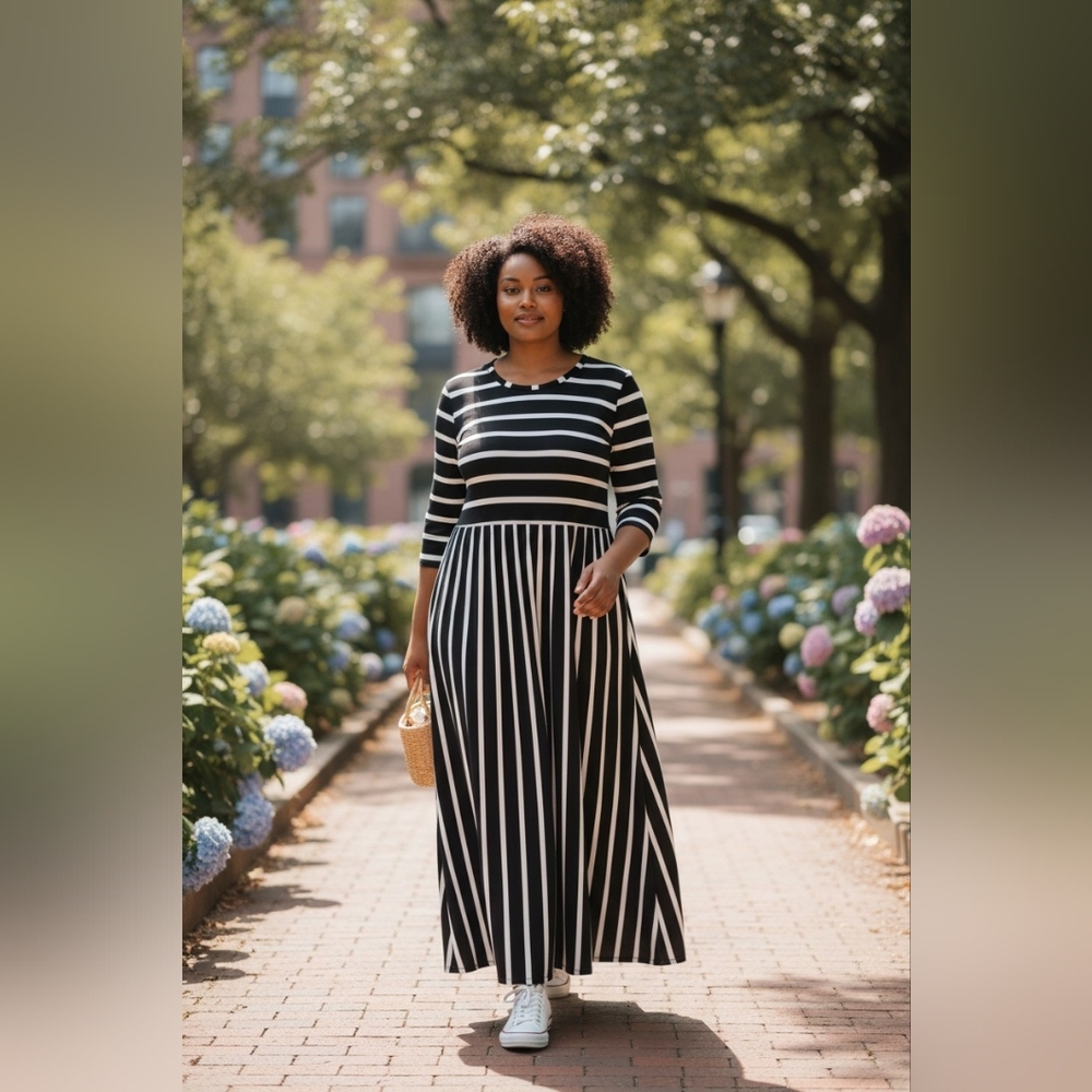 WNEEDU Black White Striped Maxi Dress 2XL 3/4 Sleeve Elastic Waist Plus Size NEW